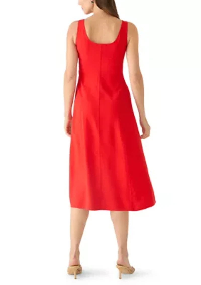 Petite Sleeveless Square Neck Button Front A-Line Midi Dress