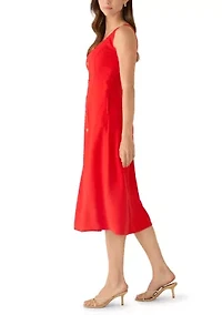 Petite Sleeveless Square Neck Button Front A-Line Midi Dress