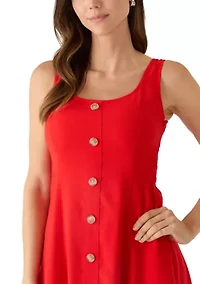 Petite Sleeveless Square Neck Button Front A-Line Midi Dress
