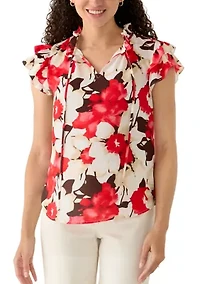 Petite Ruffle Sleeve Tie Neck Blouse