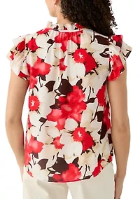 Petite Ruffle Sleeve Tie Neck Blouse