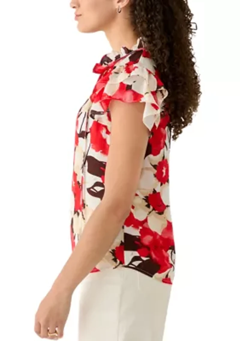 Petite Ruffle Sleeve Tie Neck Blouse