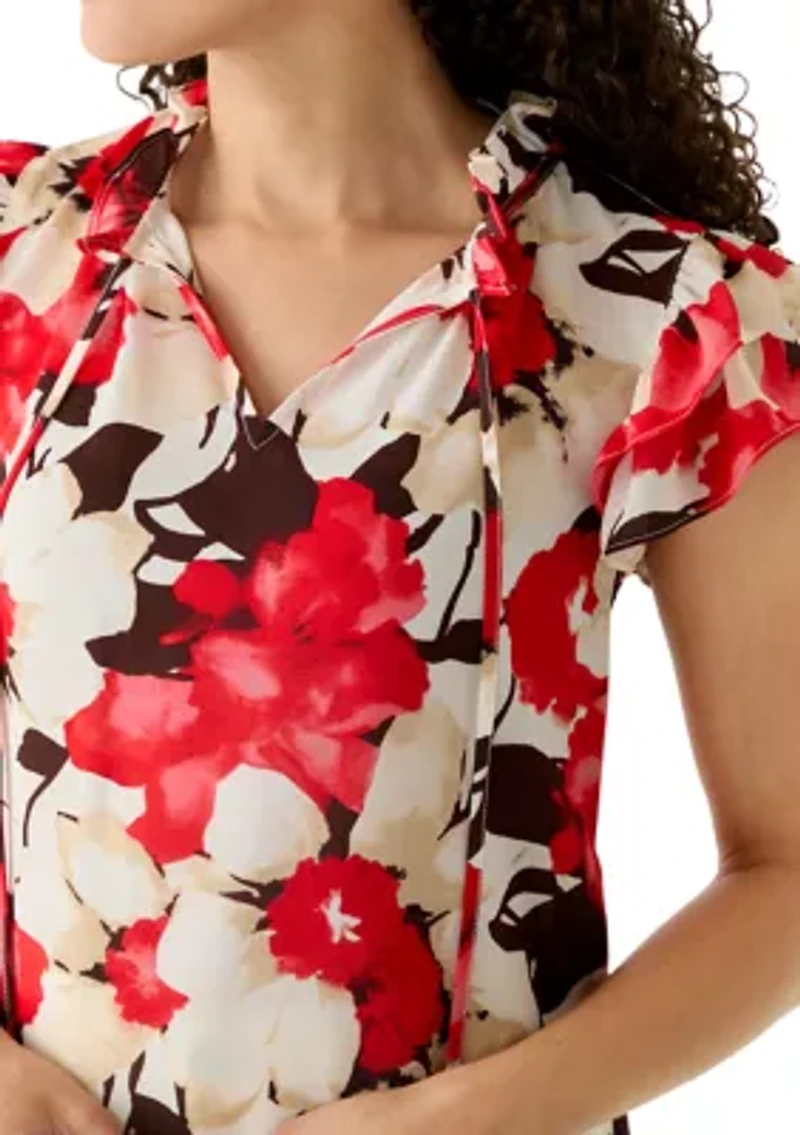 Petite Ruffle Sleeve Tie Neck Blouse