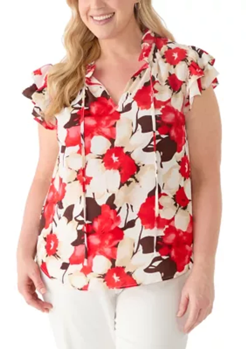 Plus Ruffle Sleeve Tie Blouse