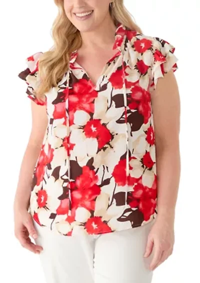 Plus Ruffle Sleeve Tie Blouse