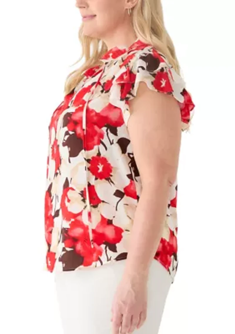 Plus Ruffle Sleeve Tie Blouse