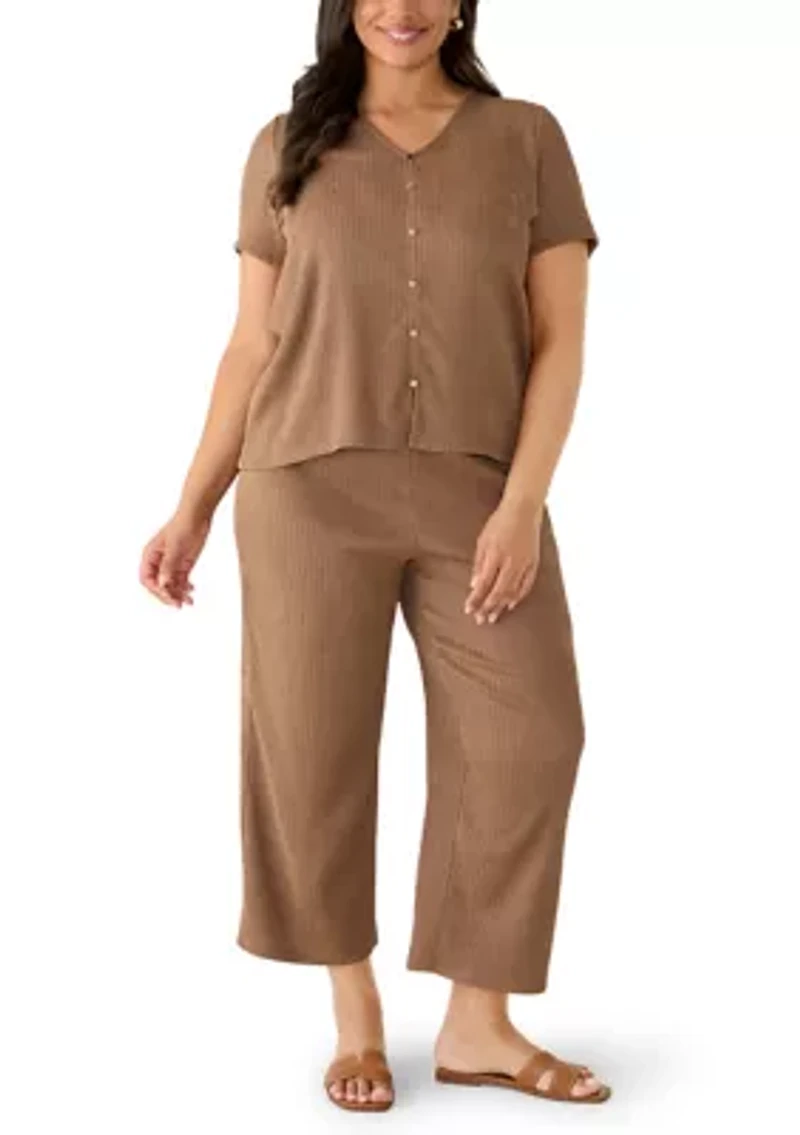 Plus Wide Leg Crinkle Knit Cropped Pants