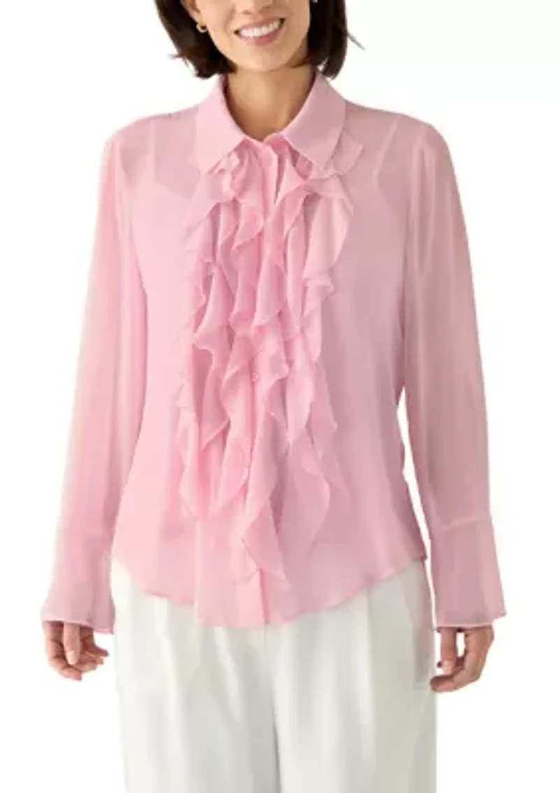 Petite Long Sleeve Button Front Ruffle Blouse
