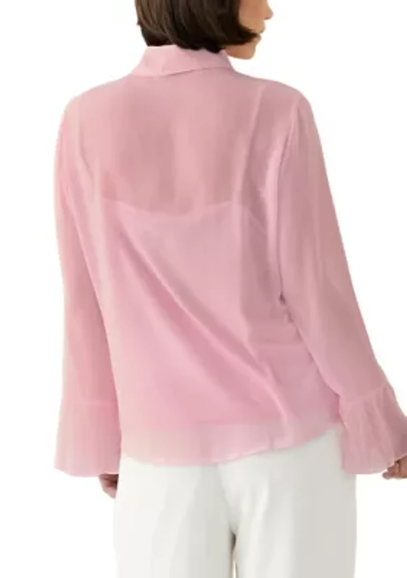 Petite Long Sleeve Button Front Ruffle Blouse