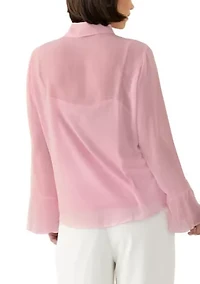 Petite Long Sleeve Button Front Ruffle Blouse
