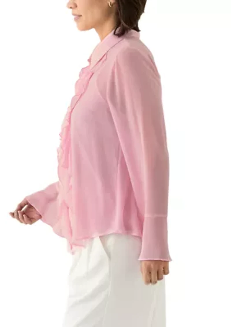 Petite Long Sleeve Button Front Ruffle Blouse