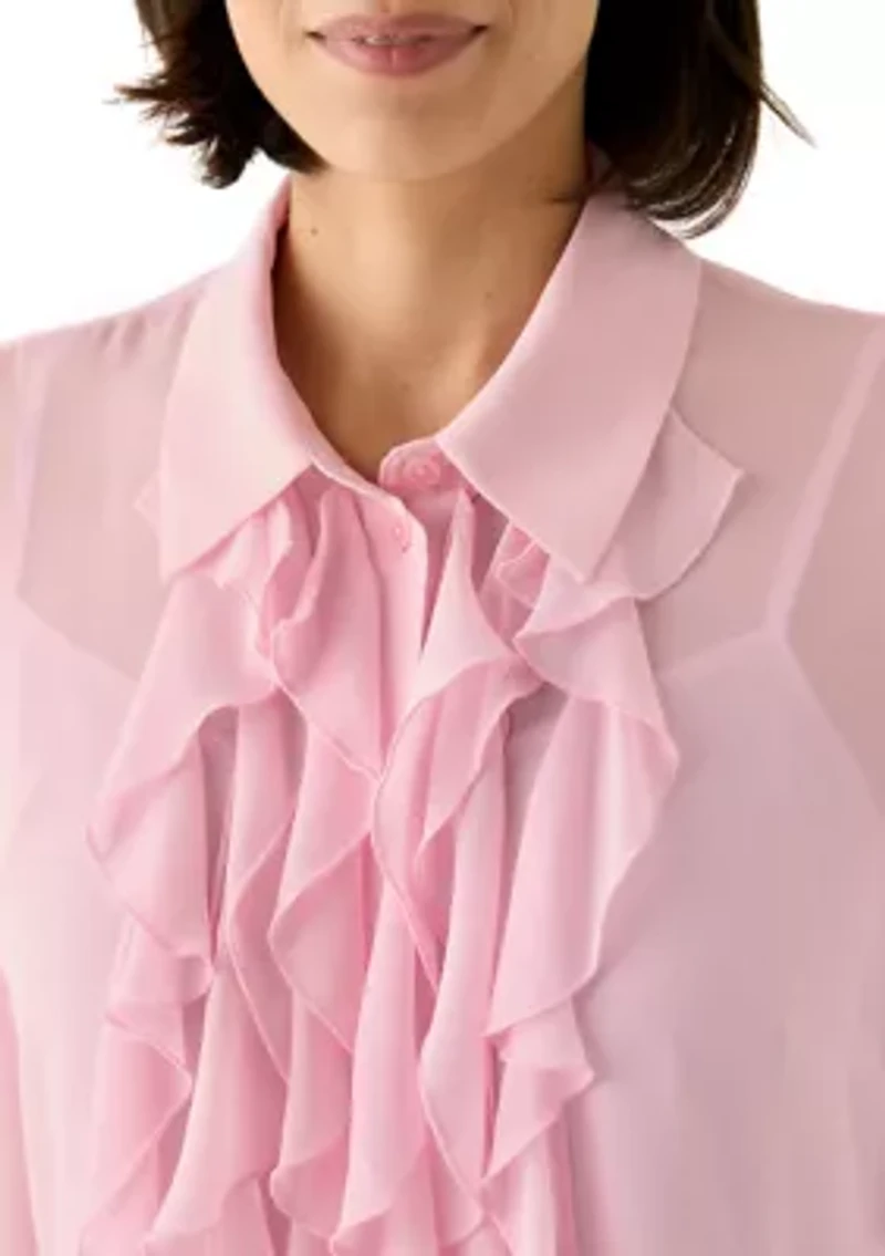 Petite Long Sleeve Button Front Ruffle Blouse