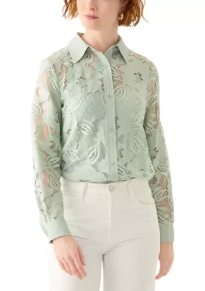 Petite Long Sleeve Button Down Lace Top