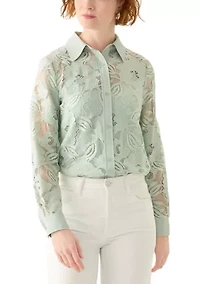 Petite Long Sleeve Button Down Lace Top