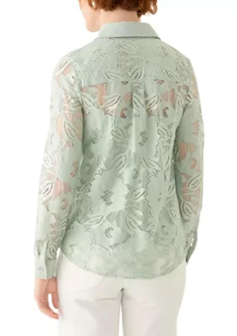 Petite Long Sleeve Button Down Lace Top