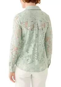 Petite Long Sleeve Button Down Lace Top
