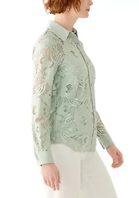 Petite Long Sleeve Button Down Lace Top