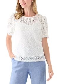 Petite Jewel Neck Short Sleeve Lace T-Shirt