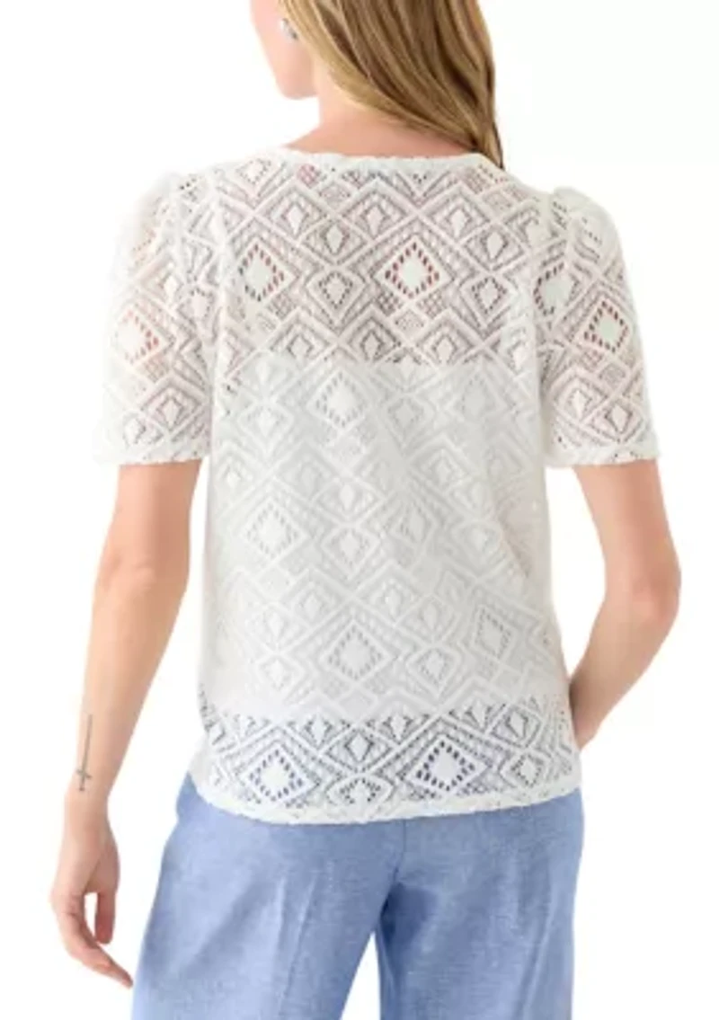 Petite Jewel Neck Short Sleeve Lace T-Shirt