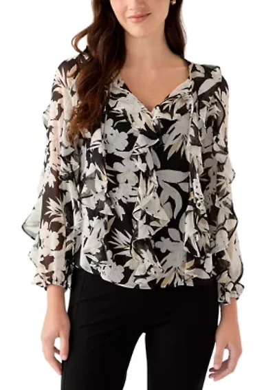 Women's Tie Neck Long Sleeve Ruffle Blouse