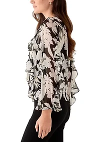 Women's Tie Neck Long Sleeve Ruffle Blouse