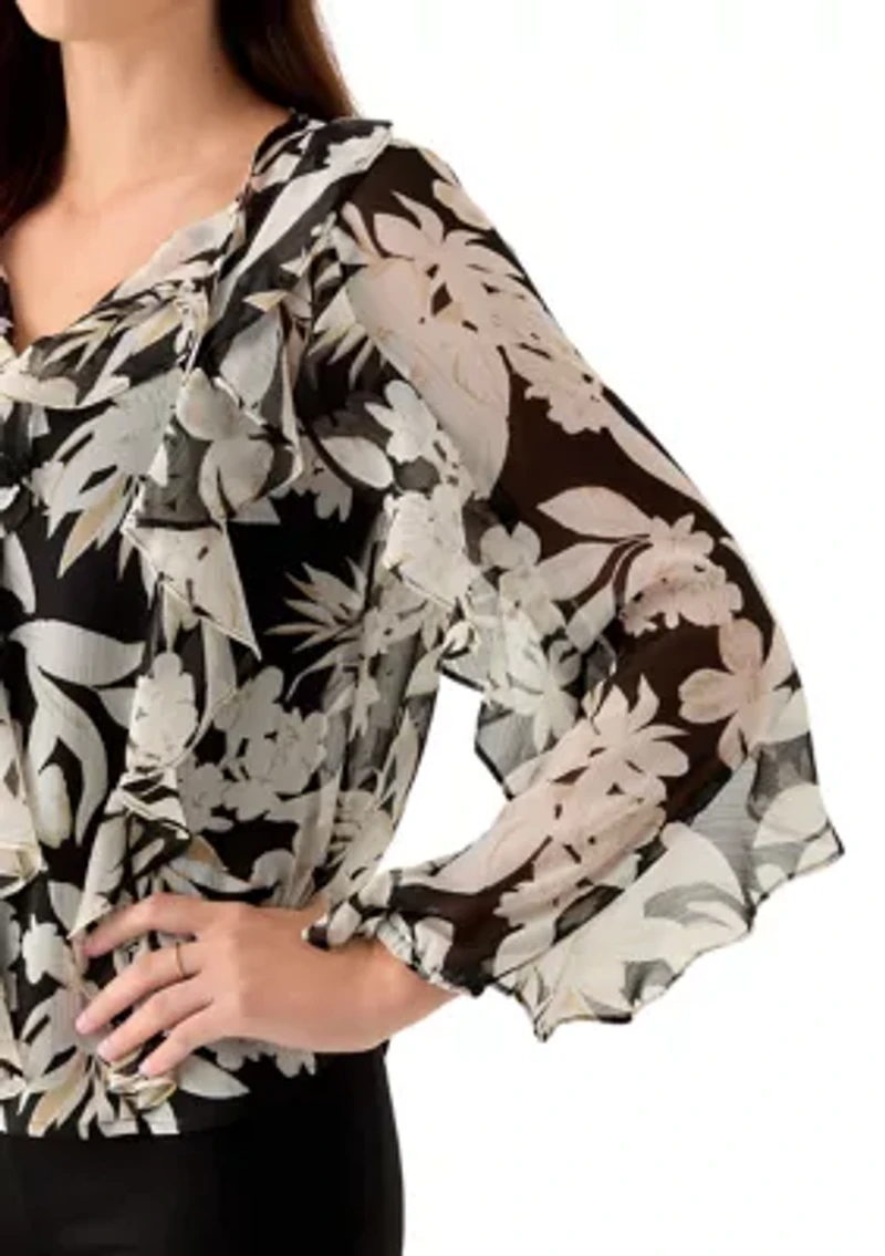 Women's Tie Neck Long Sleeve Ruffle Blouse