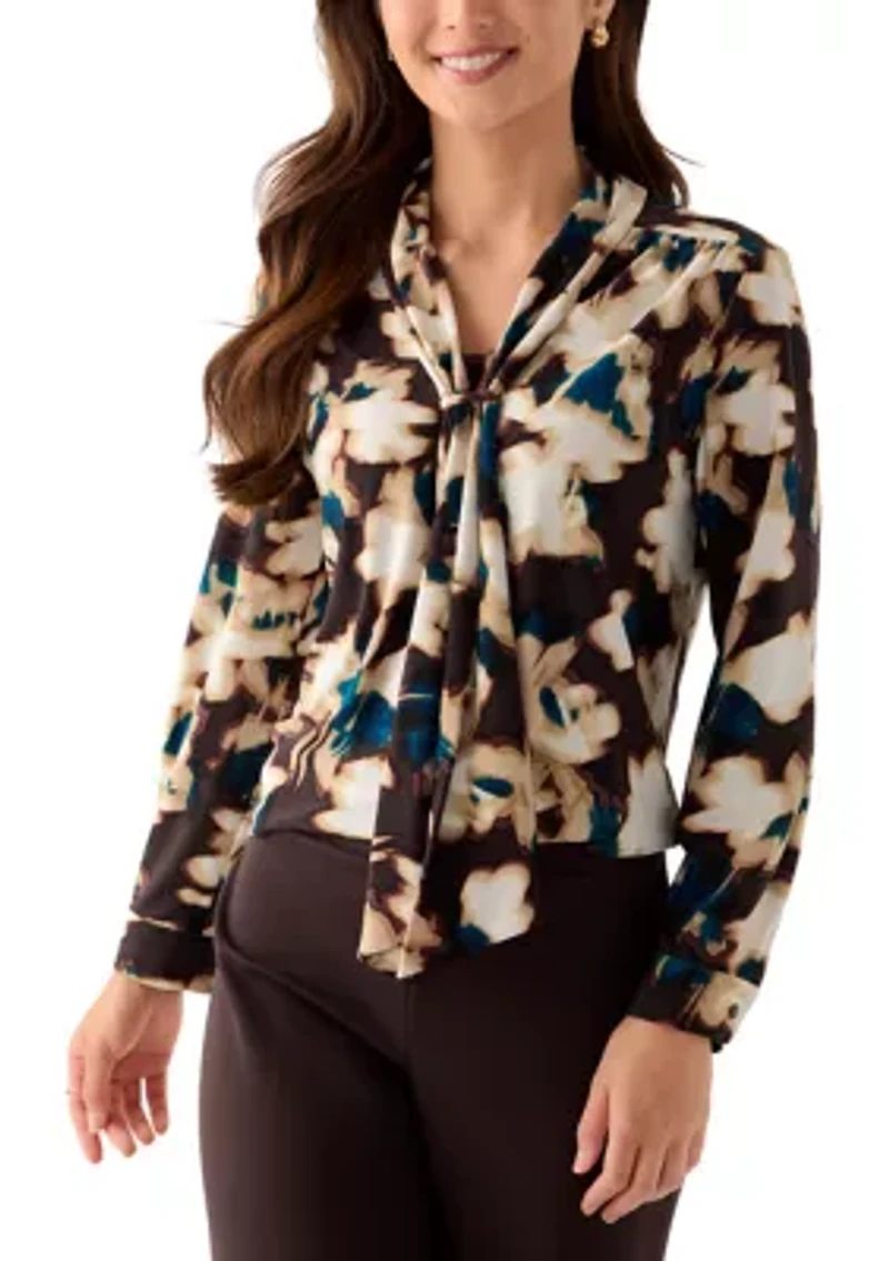 Women's Long Sleeve Deep Mahogany Multi Top with Tie Front