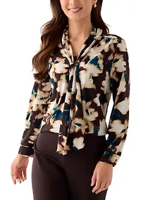 Women's Long Sleeve Deep Mahogany Multi Top with Tie Front
