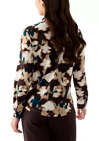 Women's Long Sleeve Deep Mahogany Multi Top with Tie Front