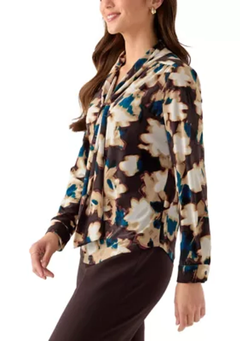 Women's Long Sleeve Deep Mahogany Multi Top with Tie Front