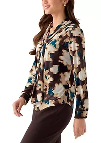 Women's Long Sleeve Deep Mahogany Multi Top with Tie Front