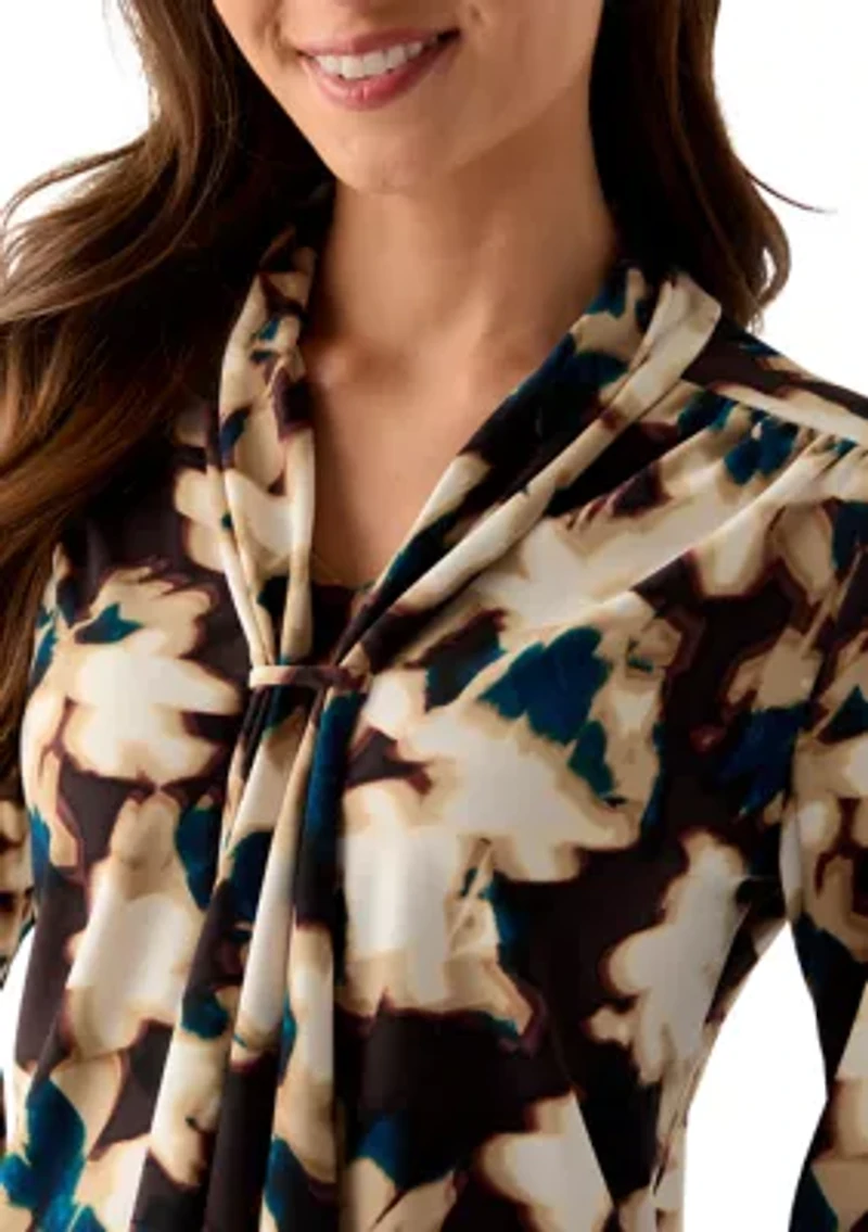 Women's Long Sleeve Deep Mahogany Multi Top with Tie Front