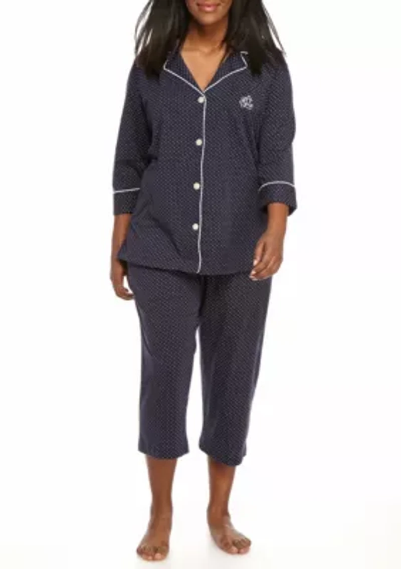 Plus 3/4 Sleeve Classic Notch Collar Capri Pajama Set