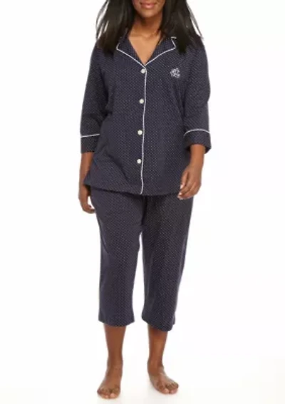 Plus 3/4 Sleeve Classic Notch Collar Capri Pajama Set