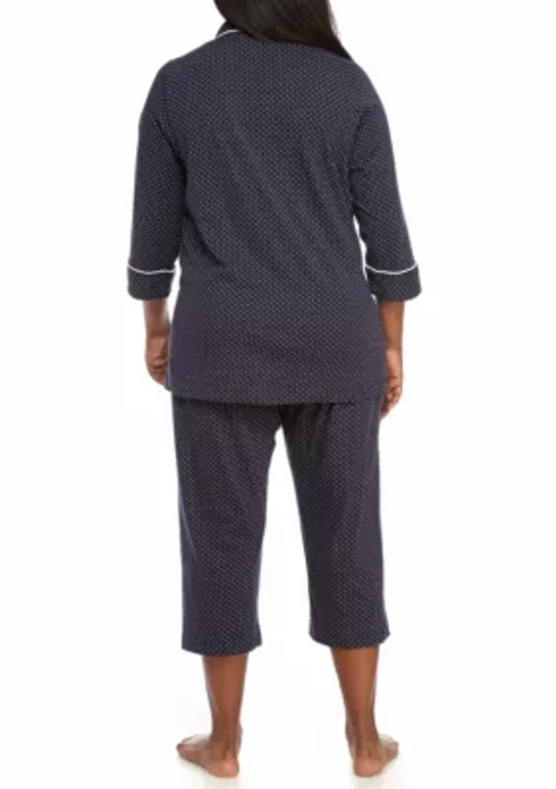 Plus 3/4 Sleeve Classic Notch Collar Capri Pajama Set
