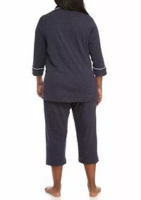 Plus 3/4 Sleeve Classic Notch Collar Capri Pajama Set