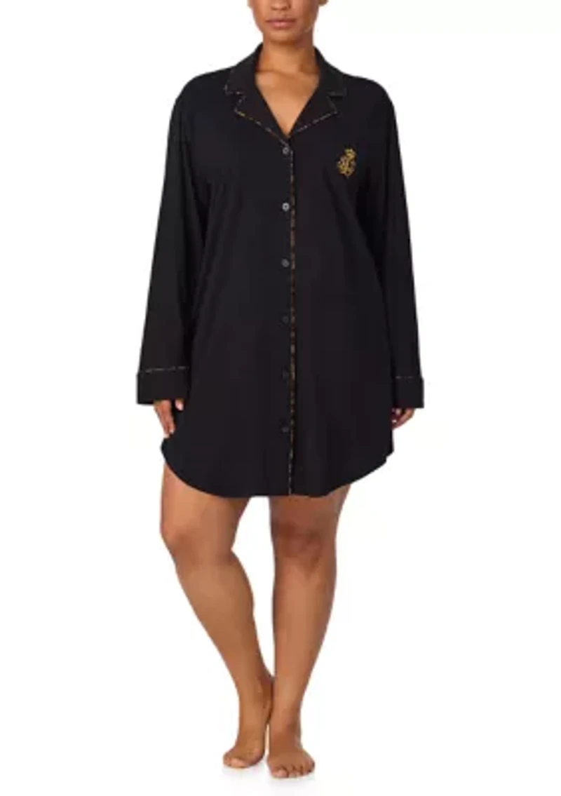 Plus Long Sleeve Notch Collar Sleepshirt