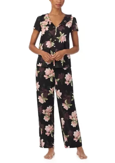 Flutter Sleeve Ruffle Neck Top and Ankle Pants Pajama Set