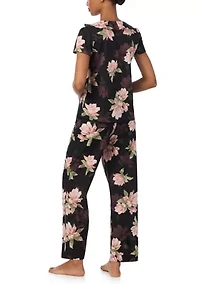 Flutter Sleeve Ruffle Neck Top and Ankle Pants Pajama Set