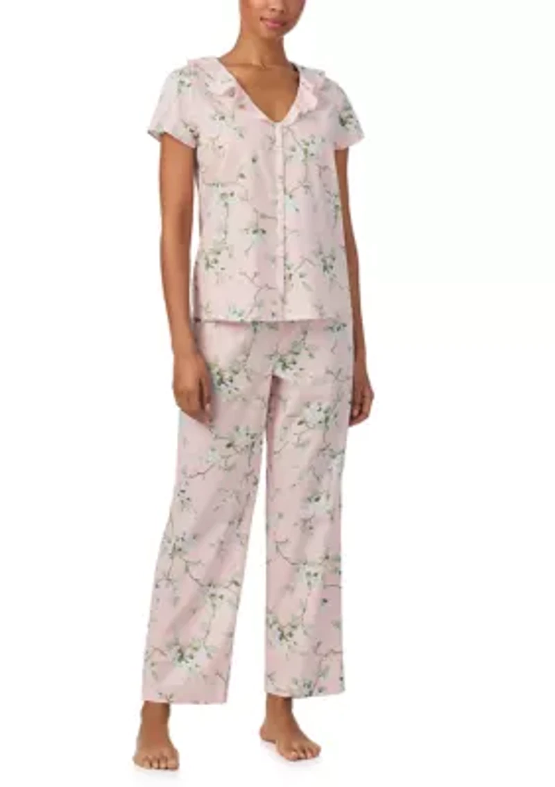 Short Sleeve Ruffle Neck Ankle Pant Pajama Set
