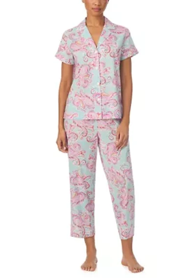 Women's Short Sleeve Notch Collar Cropped Pants Pajama Set