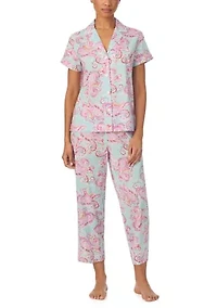 Women's Short Sleeve Notch Collar Cropped Pants Pajama Set