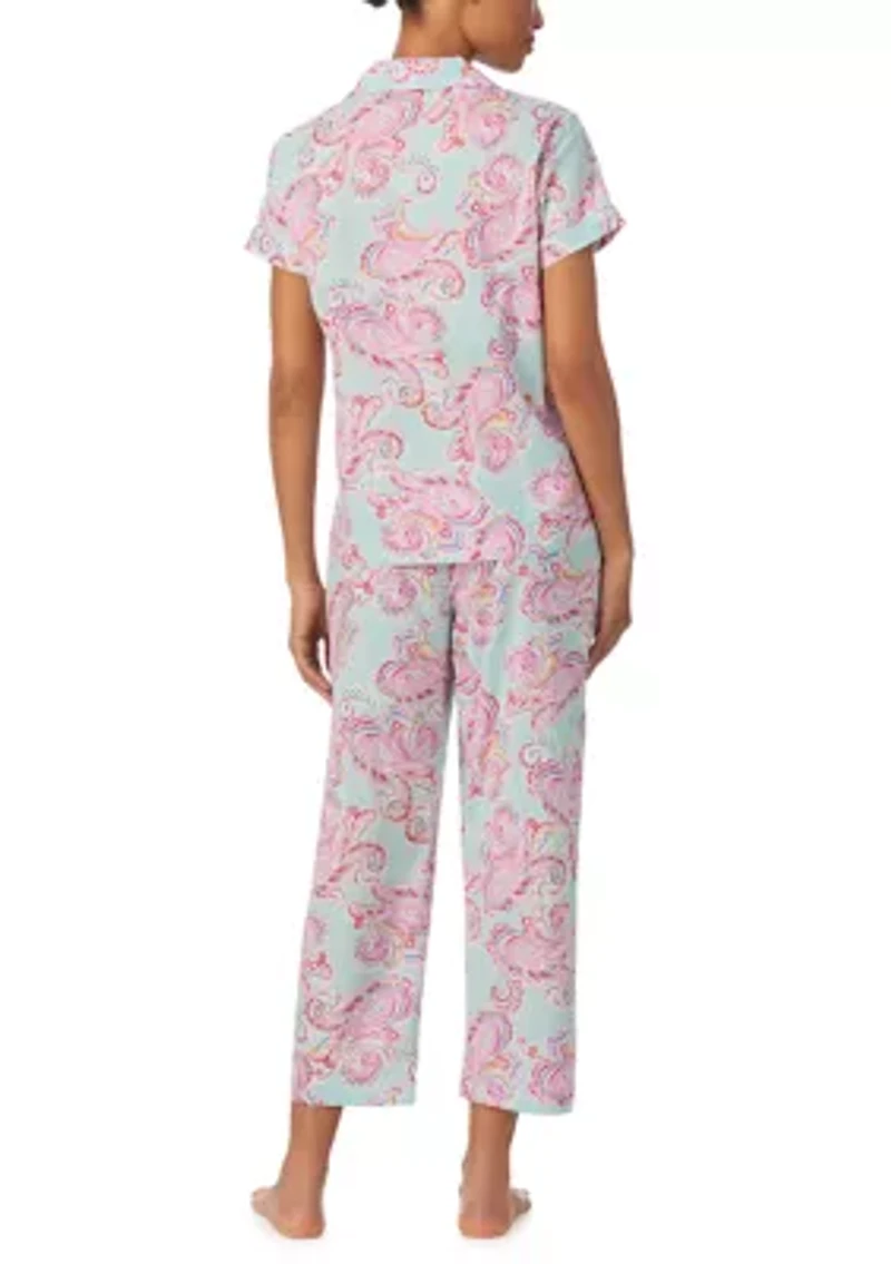 Women's Short Sleeve Notch Collar Cropped Pants Pajama Set