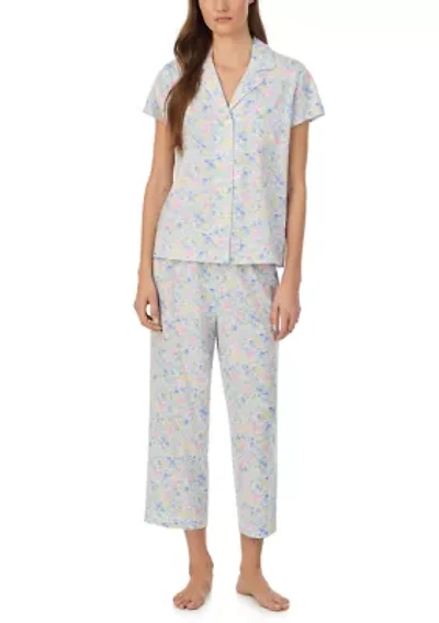 Women's Short Sleeve Notch Collar Cropped Pant Pajama Set