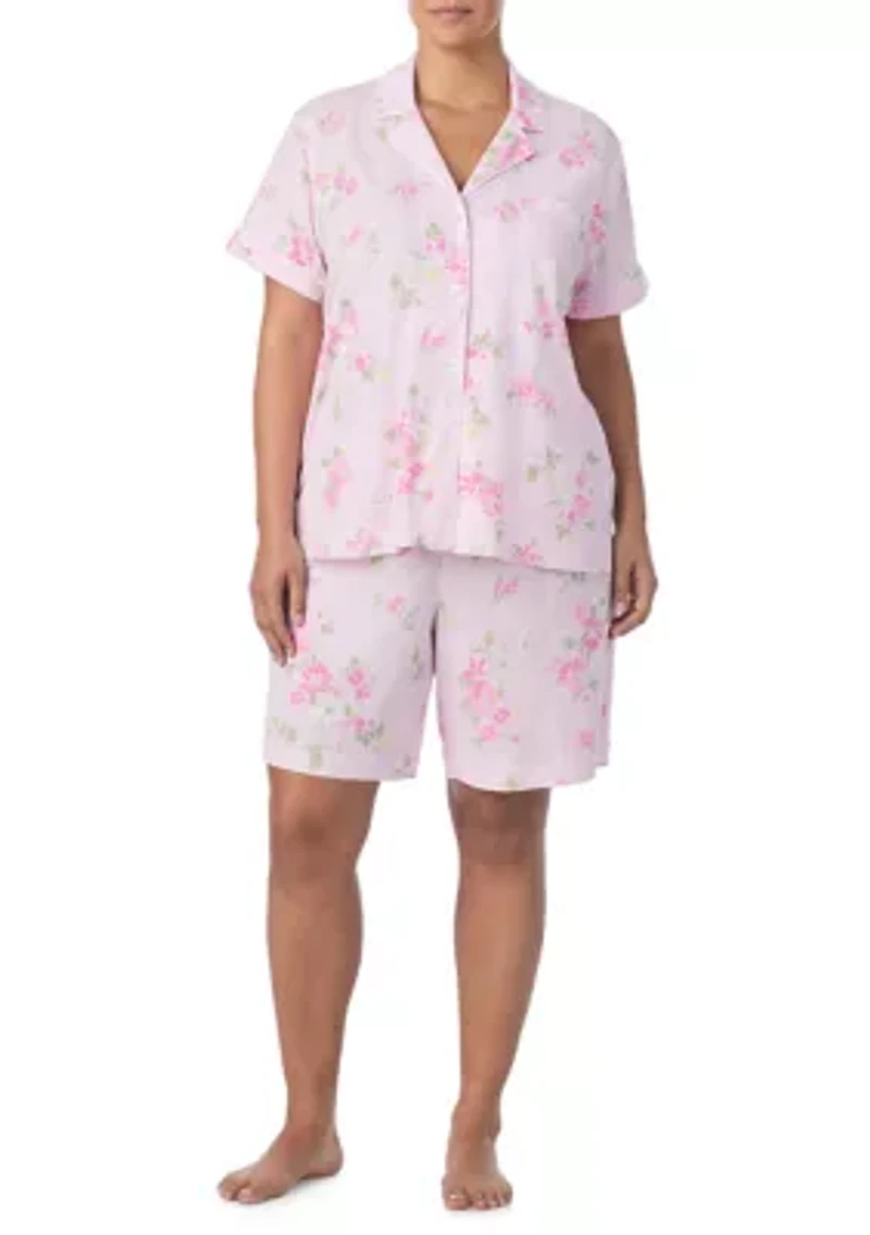 Plus Short Sleeve Notch Collar Bermuda Pajama Set