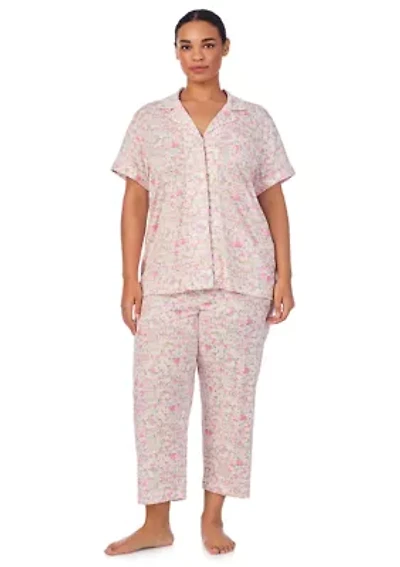 Plus Short Sleeve Notch Collar Cropped Pant Pajama Set
