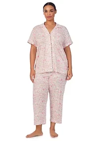 Plus Short Sleeve Notch Collar Cropped Pant Pajama Set
