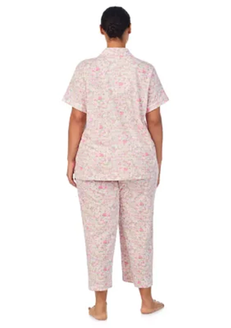 Plus Short Sleeve Notch Collar Cropped Pant Pajama Set