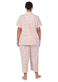 Plus Short Sleeve Notch Collar Cropped Pant Pajama Set