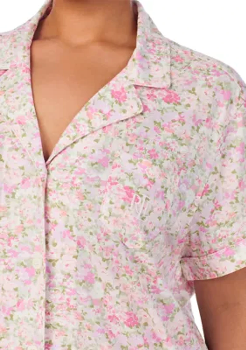 Plus Short Sleeve Notch Collar Cropped Pant Pajama Set